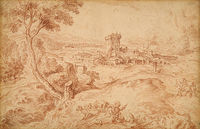 Italian Landscape with an Old Woman Holding a Spindle (after Domenico Campagnola)