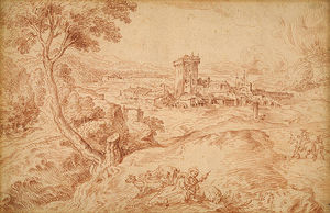 Italian Landscape with an Old Woman Holding a Spindle (after Domenico Campagnola) Italian Landscape with an Old Woman Holding a Spindle (after Domenico Campagnola)